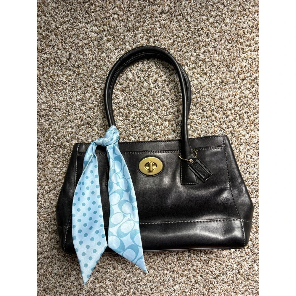 Coach Madeline Shoulder Leather Tote Bag Medium Black Turnlock Blue Scarf 11555
